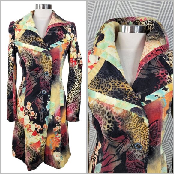 Daite Art To Wear Peacoat Velvet Small Medium Cheetah Leopard Asian Floral Long - Picture 1 of 16